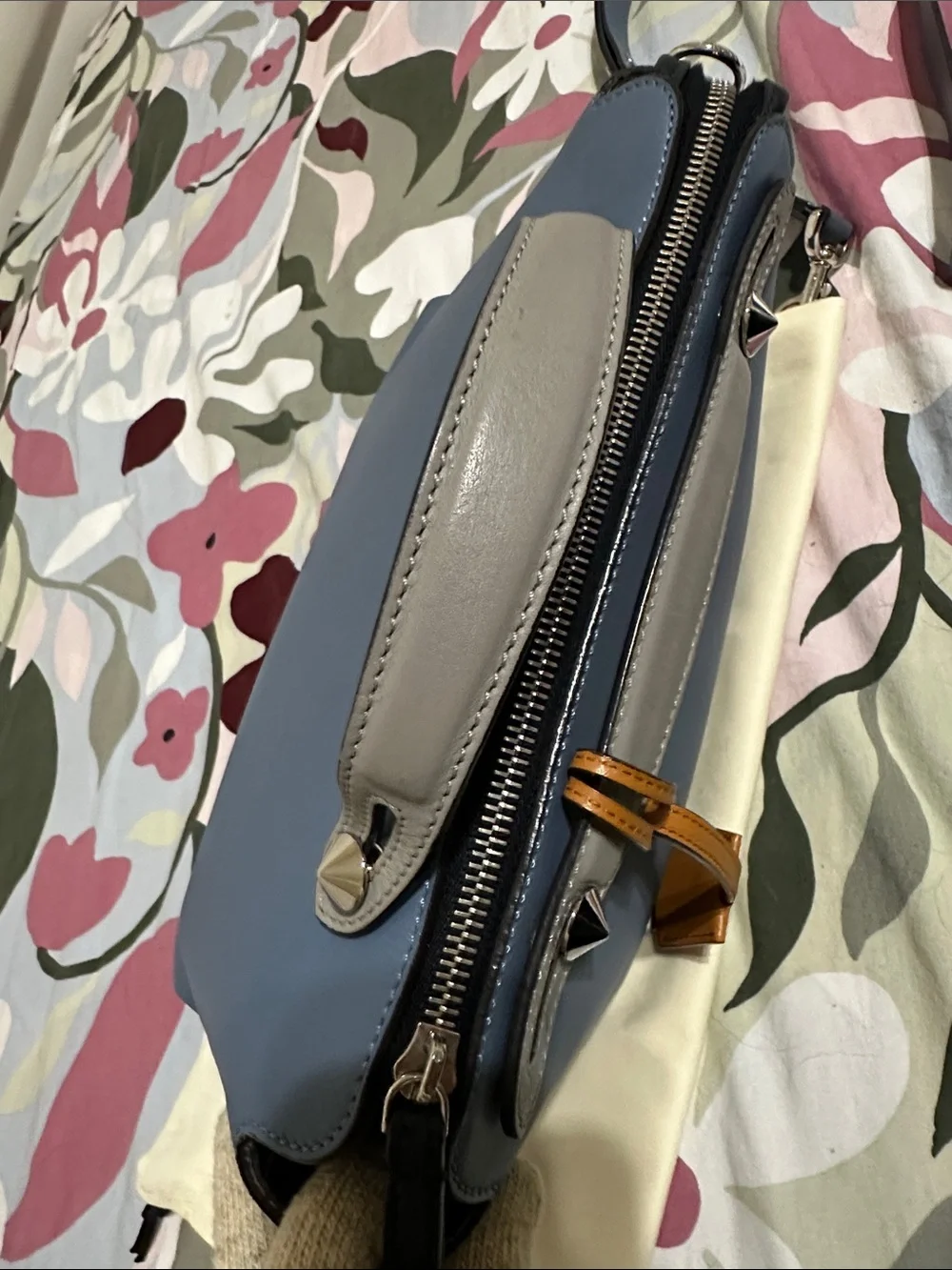 Fendi Blue Leather Satchel with Tan Accent